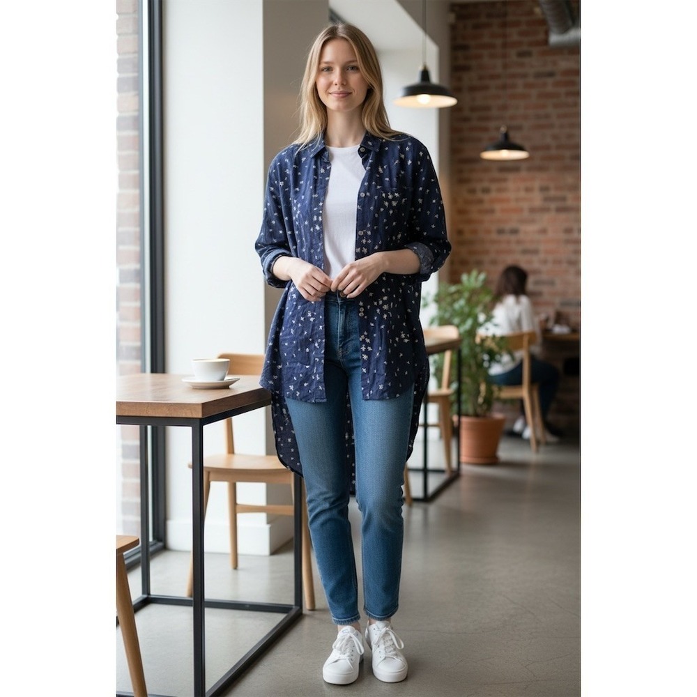 Madewell Tunic Shirt Womens XXS Navy Blue Floral Long Sleeve Button Front boho